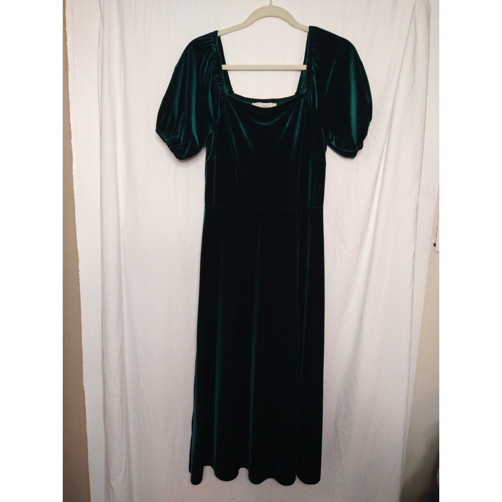 Ann Taylor Loft Dress Womens Sz 6 Green Velvet Velour Puff Sleeve Split Leg Midi